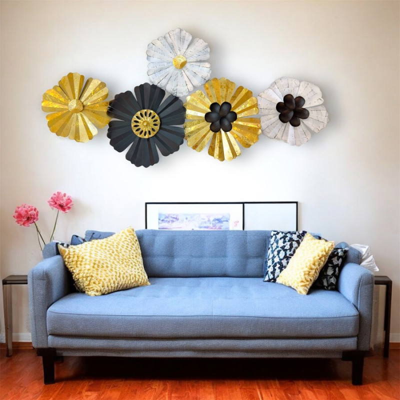 Golden White Flower Metallic Wall Hanging for Home and Office